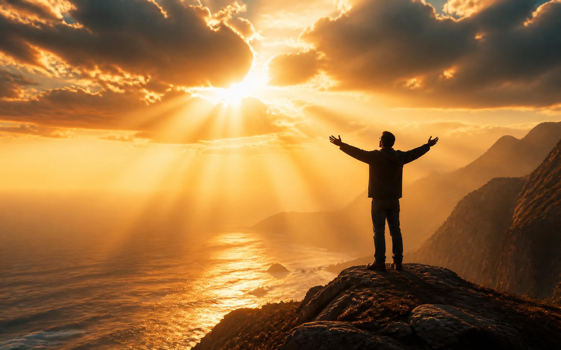 Man on a cliff at sunrise, arms raised toward light breaking through clouds